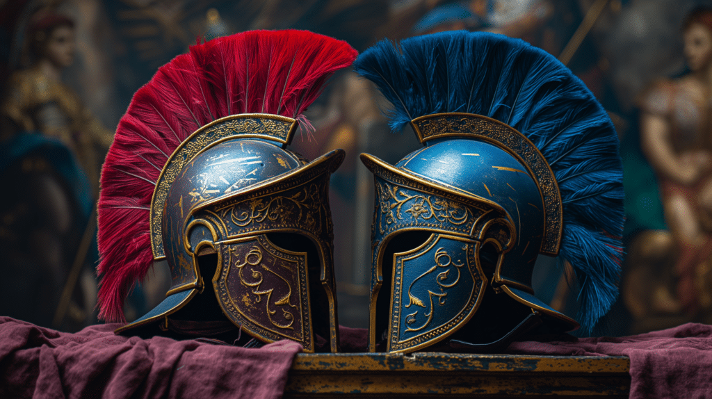 blue vs red helmets, purple team