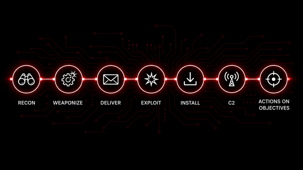 Clean_kill_chain_flow_graphic_in_black_and_dark_red_brand_colors Kill chain diagram showing AI agent sandbox escape to cluster admin